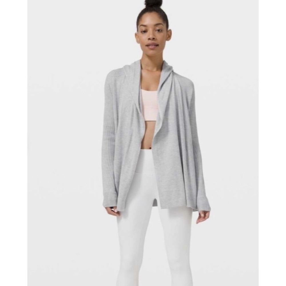Lululemon Sundown Sweater‎ Wrap Women's Sz 8 Gray Cardigan Hooded Cashmere Blend